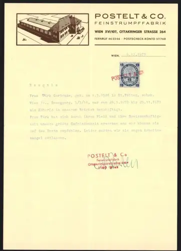 Briefkopf Wien 1973, Postelt & Co., Feinstrumpffabrik in der Ottakringer Strasse 264, Vogelschau auf Fabrik