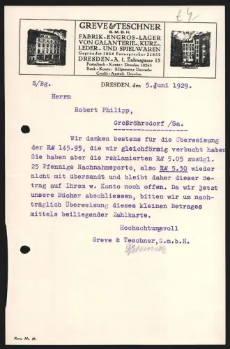 Briefkopf Dresden 1929, Greve & Teschner, Fabrik-Lager von Galanterie-, Lederwaren, Zahnsgasse 15, Vorderansicht