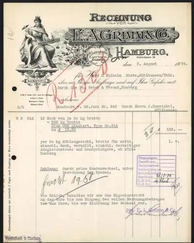Rechnung Hamburg 1934, E. A. Grimm & Co., Logo und Frau mit Hermesstab und Modellschiff