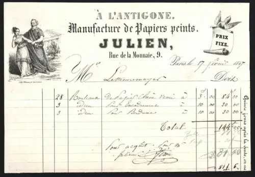 Briefkopf Paris 1847, Manufacture de Papiers peints, Rue de la Monnaie 9, Alter Mann mit hübscher Frau