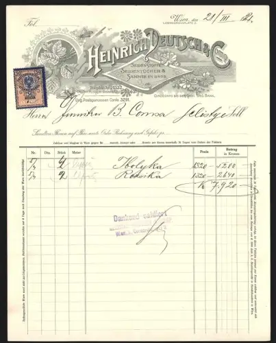 Rechnung Wien 1921, Heinrich Deutsch & Comp., Seidenstoffe und Seidentücher, Firmenlogo mit Blattwerk