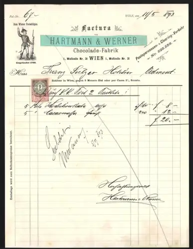 Rechnung Wien 1893, Hartmann & Werner, Chokoladenfabrik, Wollzeile Nr. 3, Soldat in Uniform und mit Gewehr