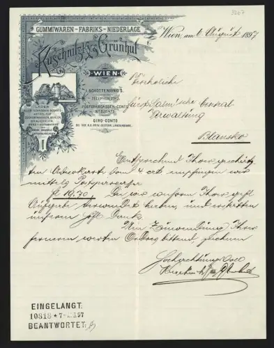 Rechnung Wien 1897, Küschnitzky & Grünhut, Gummiwaren-Fabrik, Schottenring 5, Verschiedene Produkte