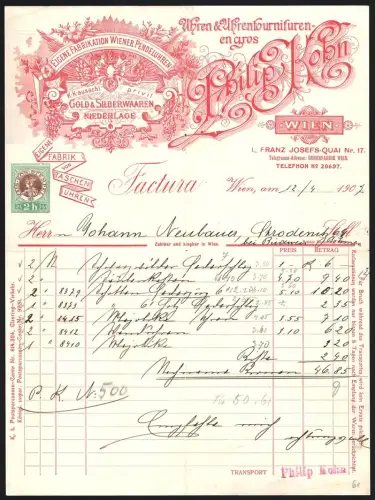 Rechnung Wien 1902, Philip Kohn, Fabrik für Pendeluhren, Franz Josefs-Quai Nr. 17, Logo der Firma