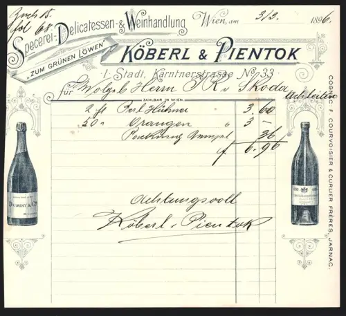 Rechnung Wien 1896, Köberl & Pientok, Delikatessen- und Weinhandlung, Weinflaschen