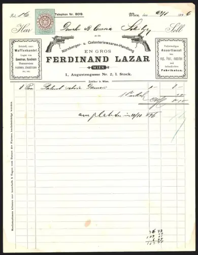 Rechnung Wien 1896, Ferdinand Lazar, Galanteriewaren-Handlung, Firmenlogo und Revolver