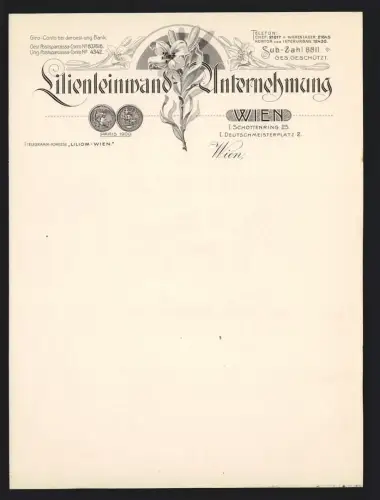 Briefkopf Wien, Lilienleinwand-Unternehmung, Schottenring 25, Firmenlogo mit Auszeichnungen