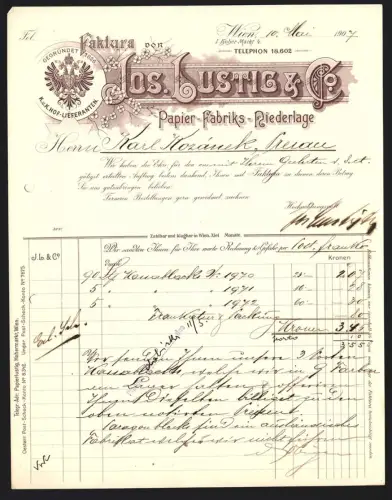 Rechnung Wien 1907, Jos. Lustig & Co., Papier-Fabrik, Firmenlogo und Doppeladler