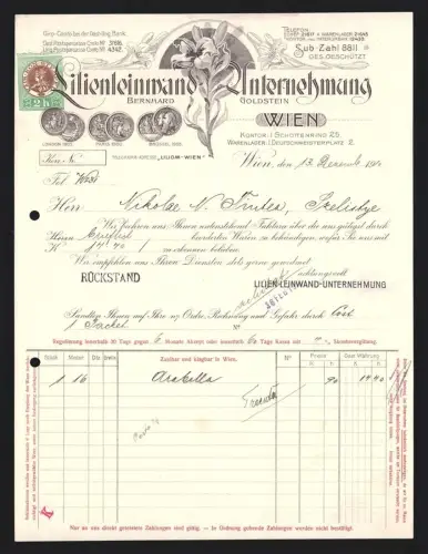 Rechnung Wien 1910, Lilienleinwand-Unternehmung, Bernhard Goldstein, Logo mit Lilie und Auszeichnungen