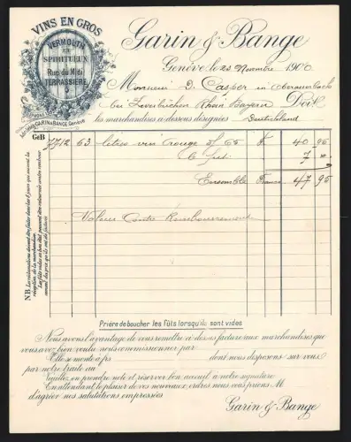 Rechnung Genève 1900, Garin & Bange, Vins en Gros, Vermouth et Spiritueux, Firmenlogo auf Fass