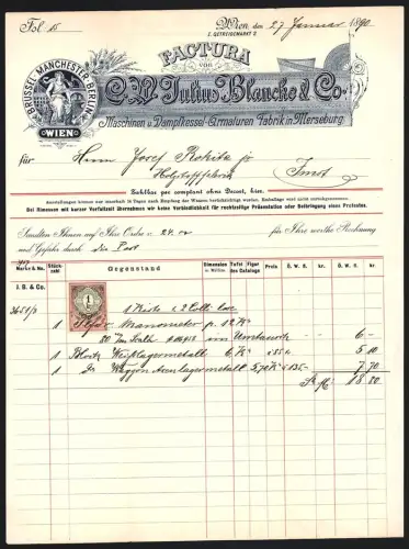 Rechnung Wien 1890, Julius Blancke & Co., Maschinen- und Dampfkesser-Fabrik, Firmenlogo mit Frau in Toga