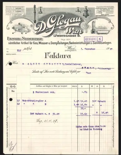 Rechnung Wien 1927, D. Glogau, Gas- und Badeeinrichtungen, Logo mit Badewanne und Waschbecken