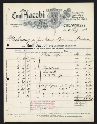 Rechnung Chemnitz i. S. 1910, Emil Jacobi, Kunstanstalt für Flachglas-Dekoration, Firmenlogo mit Auszeichnungen