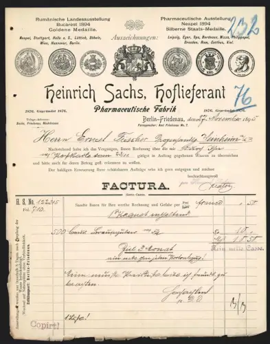 Rechnung Berlin-Friedenau 1895, Heinrich Sachs, Pharmazeutische Fabrik, Firmenlogo mit Auszeichnungen