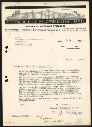 Briefkopf Berlin 1936, Deutsche Philips Gesellschaft, Vogelschau auf die Geschäftsgebäude