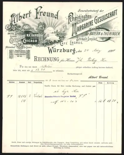 Rechnung Würzburg 1894, Albert Freund, Rheinische Margarine-Gesellschaft, Sonnenaufgang und Firmenlogo