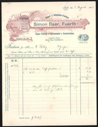Rechnung Fürth 1902, Simon Baer, Spiegel- und Spiegelglas-Fabriken, Firmenlogo mit Sonnenaufgang