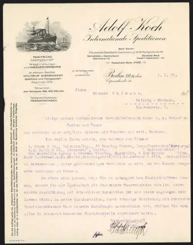 Briefkopf Berlin 1925, Adolf Koch, Internantionale Speditionen, Passagierschiff auf See