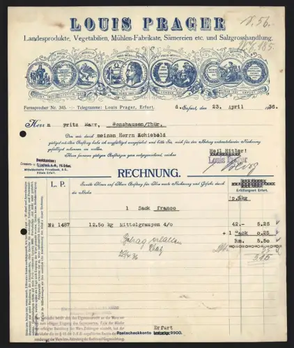 Rechnung Erfurt 1936, Louis Prager, Salzgrosshandlung, Sämerei, Mühlen-Fabrikate, Darstellung gewonnener Medaillen