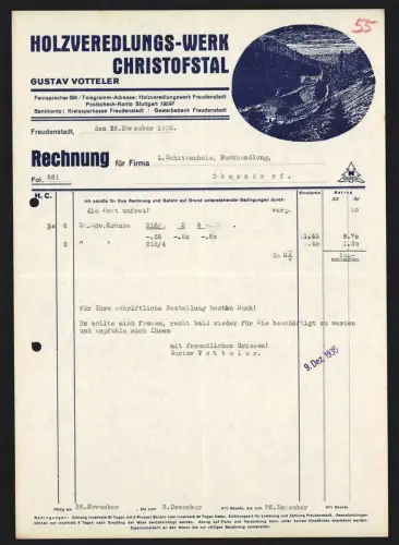 Rechnung Freudenstadt 1935, Gustav Votteler, Holzveredlungs-Werk Christofstal, Blick auf das Werk im Tal