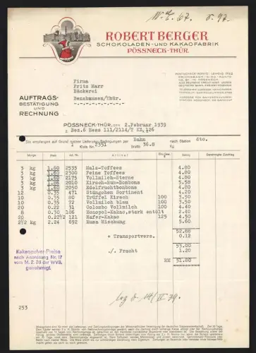 Rechnung Pössneck /Thür. 1939, Robert Berger, Schokoladen- und Kakaofabrik, Ansicht der Fabrik
