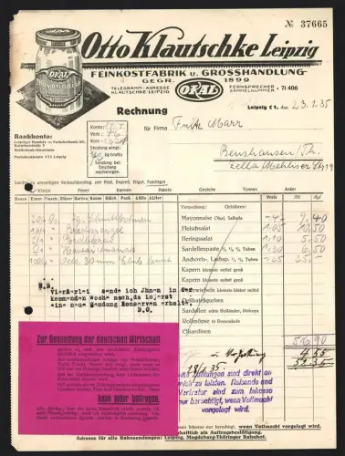 Rechnung Leipzig 1935, Otto Klautschke, Feinkostfabrik und Grosshandlung, Mayonnaise-Glas
