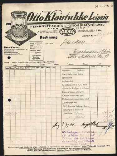 Rechnung Leipzig 1934, Otto Klautschke, Feinkostfabrik und Grosshandlung, Mayonnaise-Glas