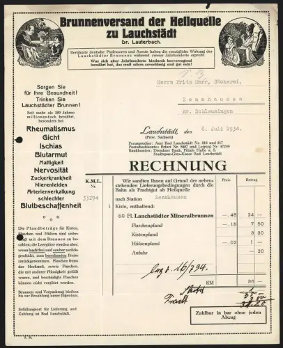 Rechnung Lauchstädt /Sachsen 1934, Brunnenversand der Heilquelle zu Lauchstädt, Dr. Lauterbach, Kind mit Trinkglas