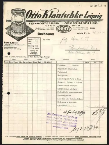 Rechnung Leipzig 1934, Otto Klautschke, Feinkostfabrik und Grosshandlung, Einmachglas mit Mayonnaise