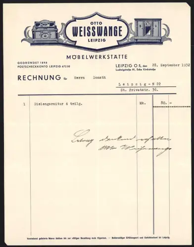 Rechnung Leipzig 1932, Otto Weisslange, Möbelwerkstätte, Schrank und Schreibtisch