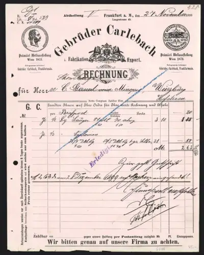 Rechnung Frankfurt a. M. 1899, Gebrüder Carlebach, Fabrik und Export, Wappen und Auszeichnungen