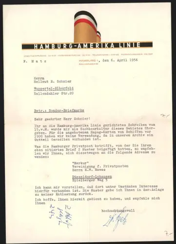 Briefkopf Hamburg 1956, Hamburg-Amerika-Linie, Reisegesellschaft, Dampfer mit schwarz-weiss-roter Flagge