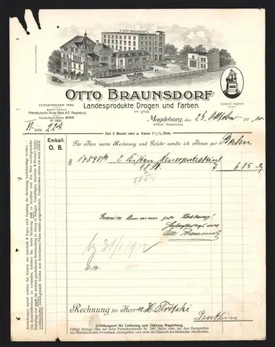 Rechnung Magdeburg 1911, Otto Braunsdorf, Landesprodukte Drogen und Farben, Vogelschau auf Fabrik