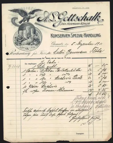 Rechnung Chemnitz 1911, A. L. Gottschalk, Konservenhandlung, Adler auf Konserven und Obst