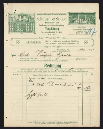 Rechnung Magdeburg 1911, Schubath & Siebert, Konserven- und Delikatessen-Grosshandlung, Geschäftsgebäude Aussenansicht