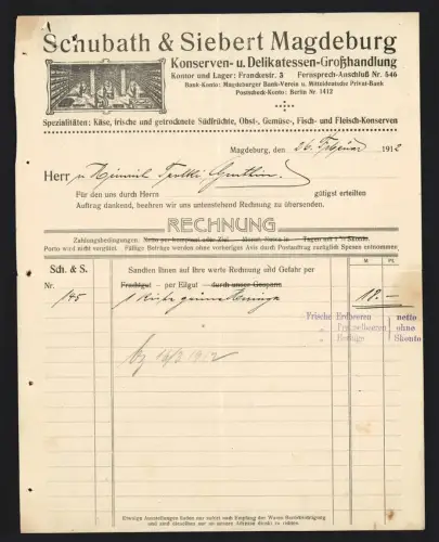 Rechnung Magdeburg 1912, Schubath & Siebert, Konserven- u. Delikatessen-Grosshandlung, Lagerhalle im Geschäft