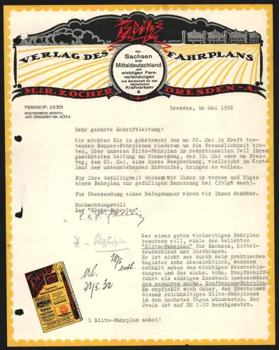 Briefkopf Dresden 1932, M. & R. Zocher, Verlag des Fahrplans, Ortspartie mit Gewitterwolken