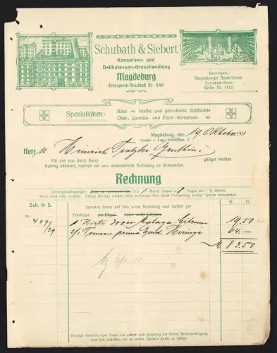 Rechnung Magdeburg 1911, Schubath & Siebert, Konserven- u. Delikatessen-Grosshandlung, Geschäftsgebäude und Lager