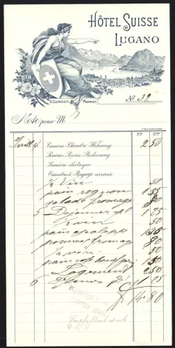 Rechnung Lugano, Hôtel Suisse, Frau mit Schild mit schweizer Wappen zeigt auf das Tal