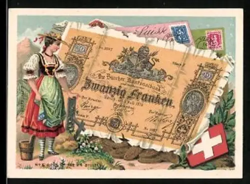 Sammelbild Frau in Tracht neben einem zwanzig schweizerische Franken-Schein