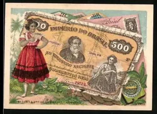 Sammelbild Hübsche Frau mit Fächer neben einem brasilianischen Geldschein