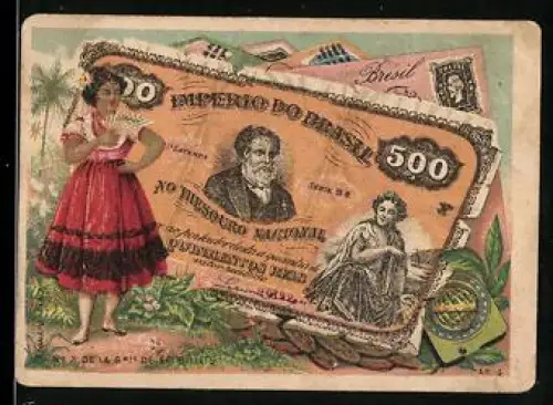 Sammelbild Hübsche Frau mit Fächer neben einem brasilianischen Geldschein