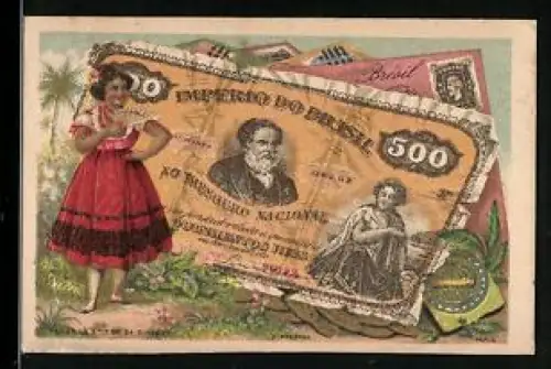 Sammelbild Hübsche Frau mit Fächer neben einem brasilianischen Geldschein