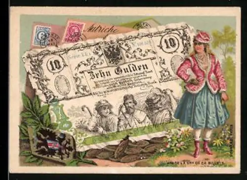 Sammelbild Elegante Dame neben einem zehn Gulden-Schein