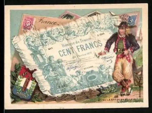 Sammelbild Mann mit Pfeife und Hut neben einem einhundert Francs-Schein