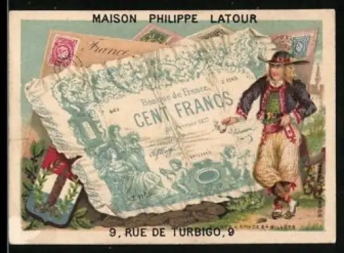 Sammelbild Mann mit Pfeife und Hut neben einem einhundert Francs-Schein