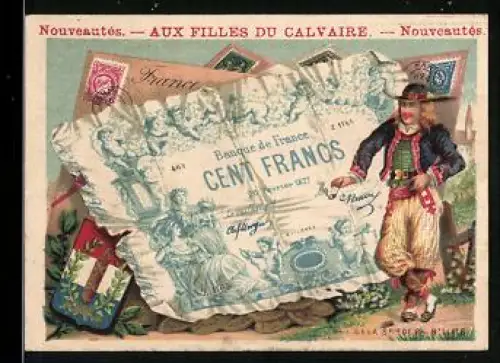 Sammelbild Mann mit Pfeife und Hut neben einem einhundert Francs-Schein