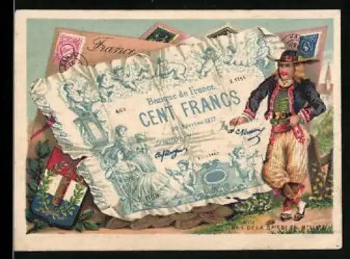 Sammelbild Mann mit Pfeife und Hut neben einem einhundert Francs-Schein