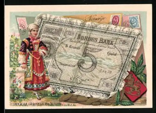Sammelbild Frau in Tracht neben einem fünf Kronen-Schein