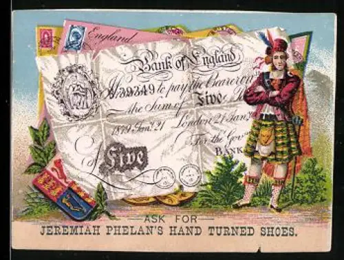 Sammelbild Mann im Kilt neben einem fünf Pfund Sterling-Schein